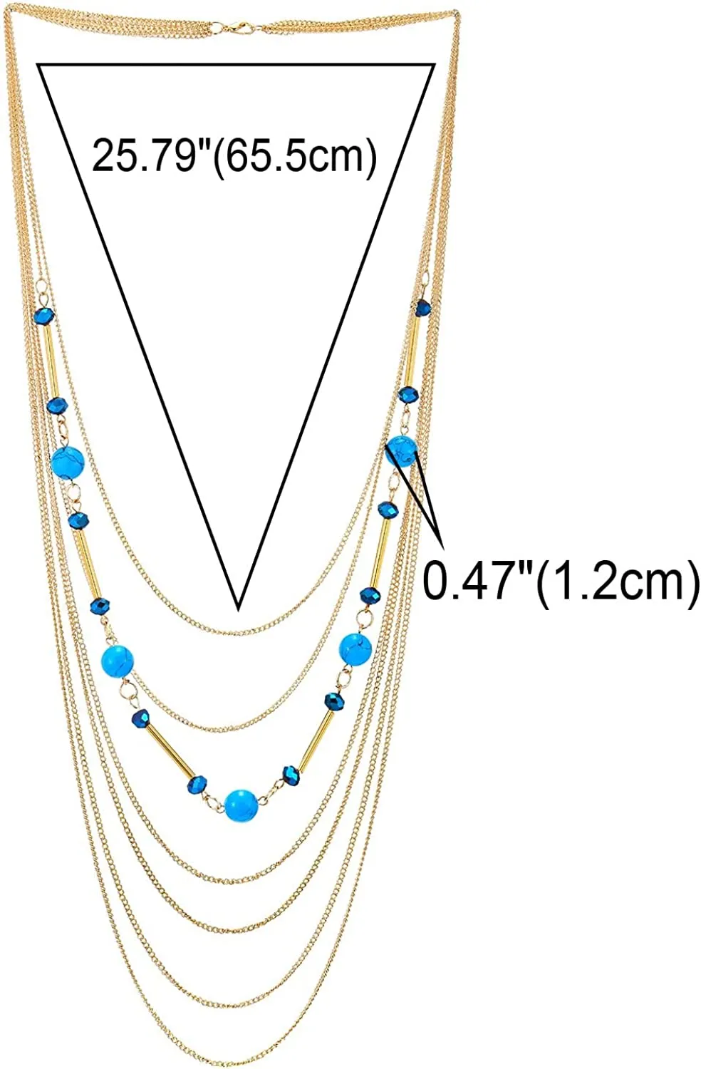 COOLSTEELANDBEYOND Gold Statement Necklace Multi-Strand Waterfall Long Chains, Blue Crystal, Synthetic Turquoise Bead