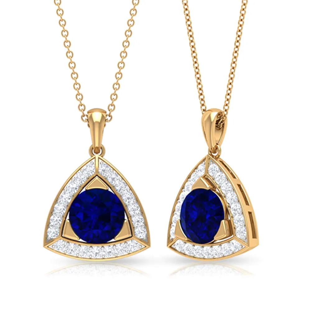 Created Blue Sapphire Triangle Shape Pendant with Diamond Halo