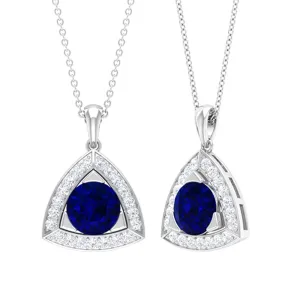 Created Blue Sapphire Triangle Shape Pendant with Diamond Halo