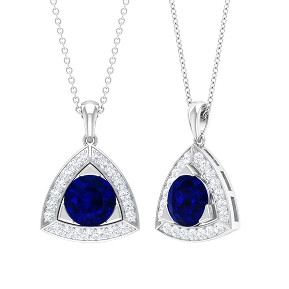 Created Blue Sapphire Triangle Shape Pendant with Diamond Halo