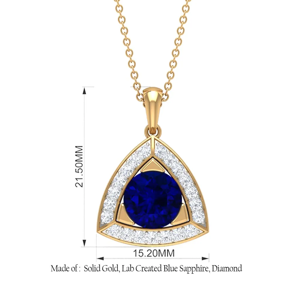 Created Blue Sapphire Triangle Shape Pendant with Diamond Halo