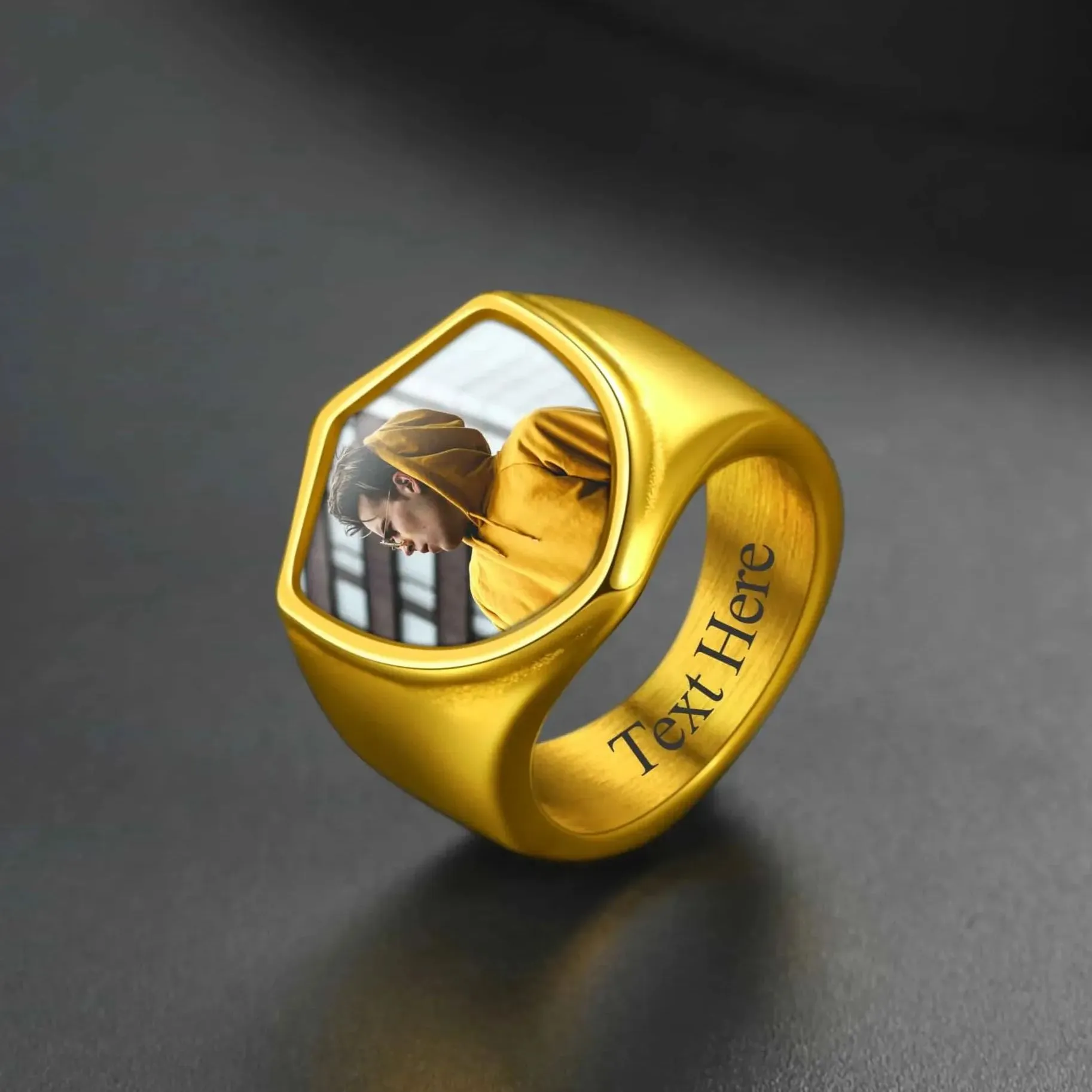 Custom Shield Signet Ring with Photo for Men