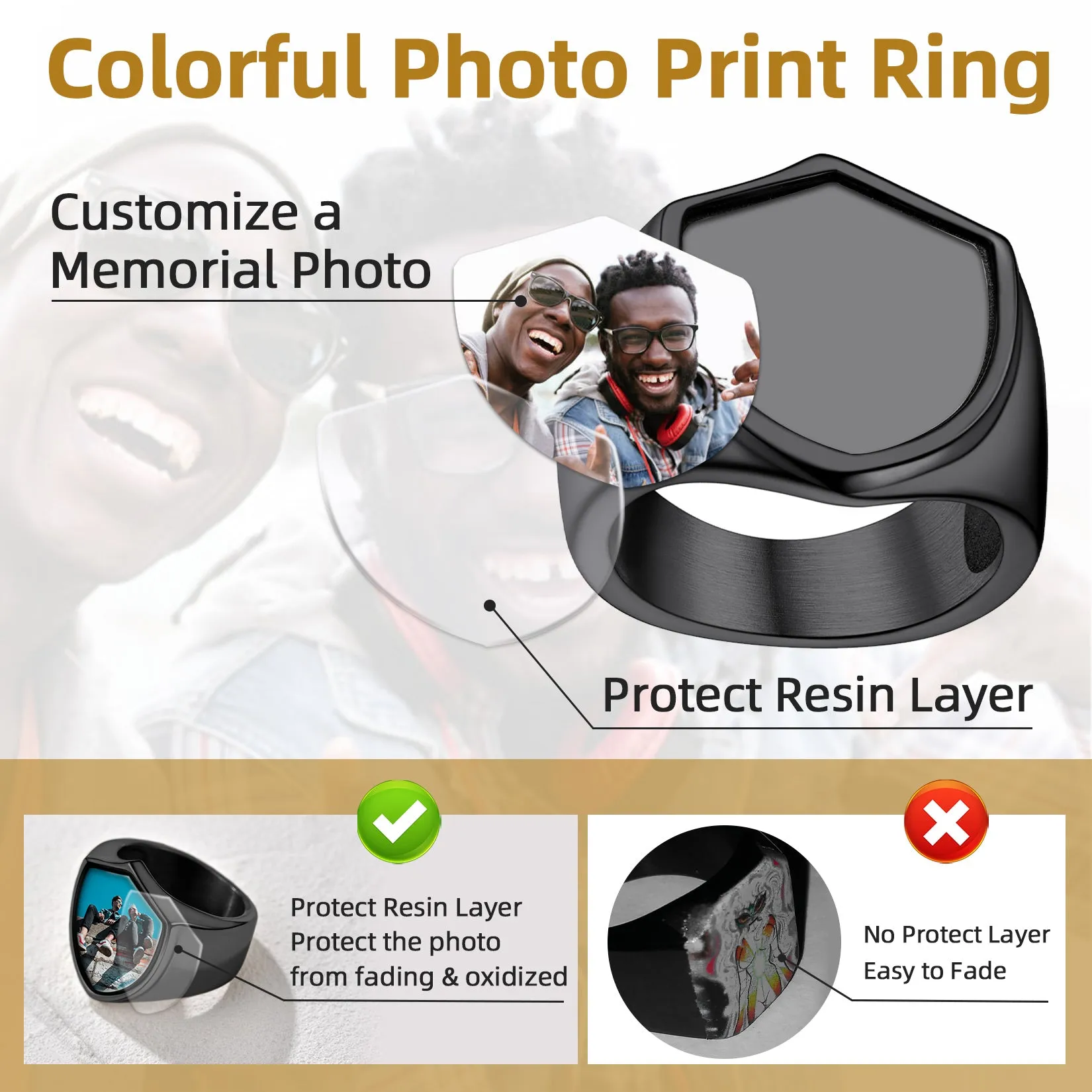 Custom Shield Signet Ring with Photo for Men