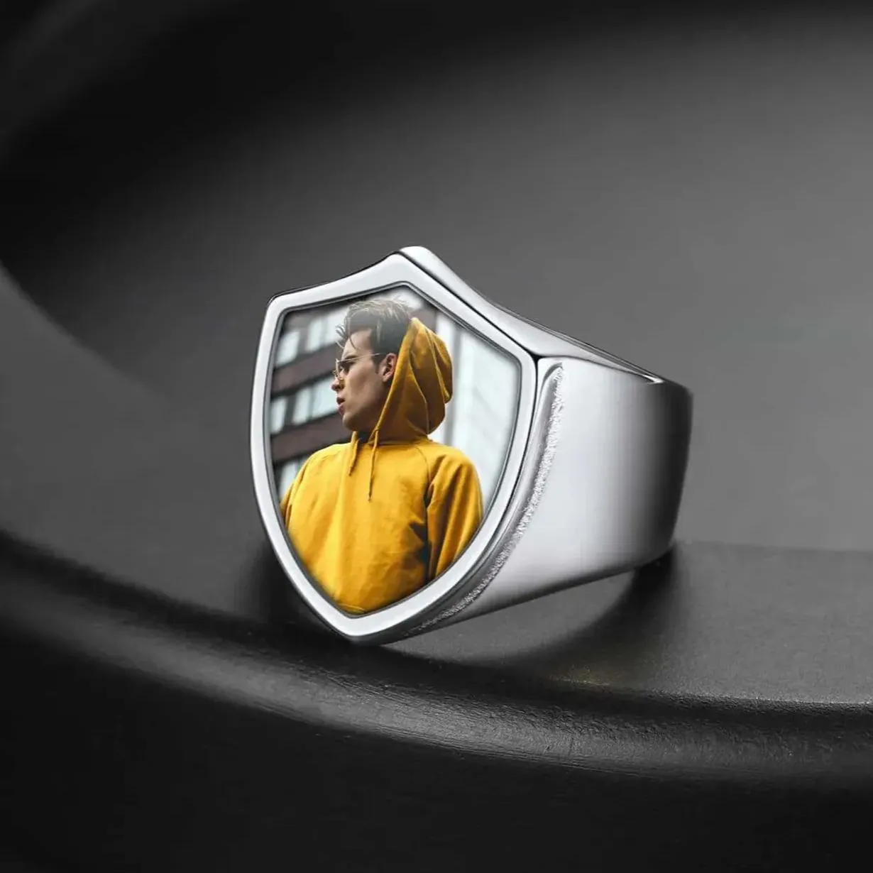 Custom Shield Signet Ring with Photo for Men