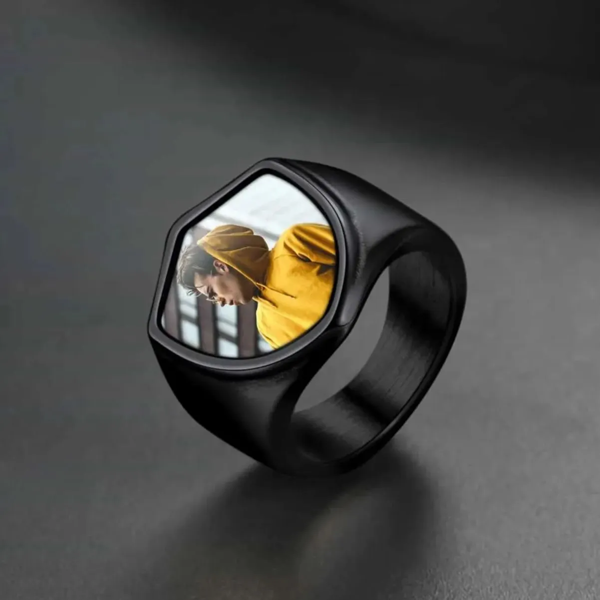 Custom Shield Signet Ring with Photo for Men