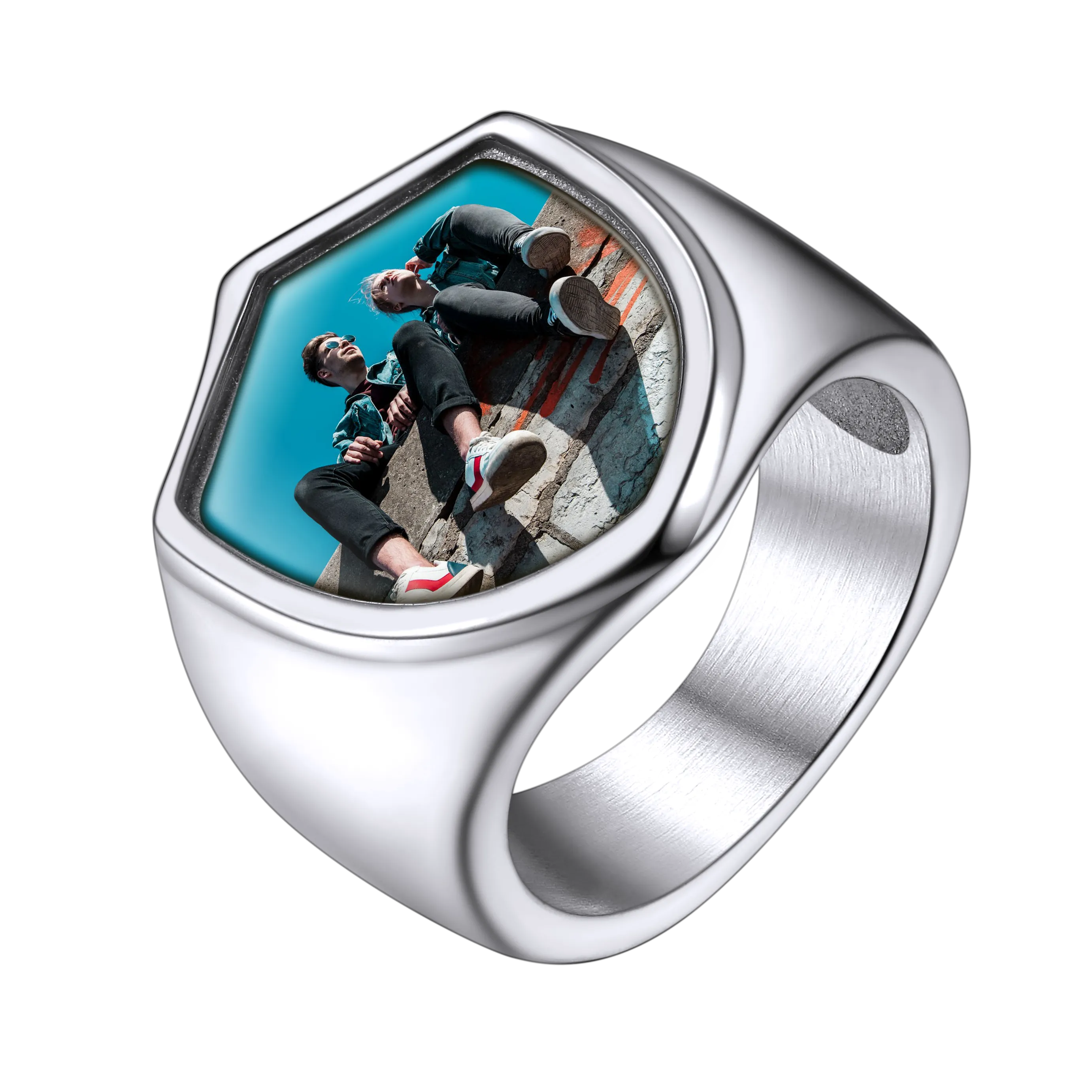 Custom Shield Signet Ring with Photo for Men