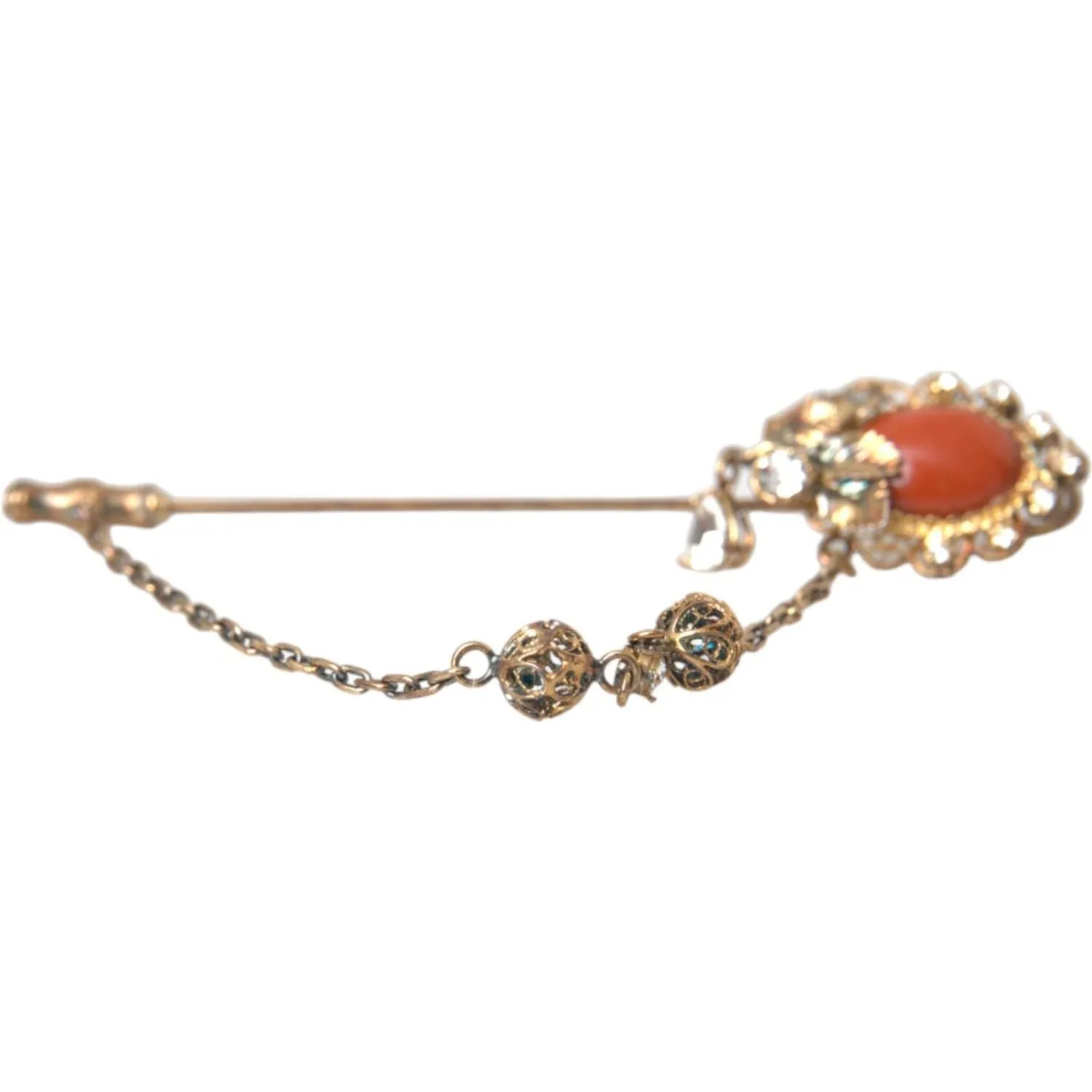 Dolce & Gabbana Gold Brass Crystal Chain 925 Sterling Silver Pin Brooch