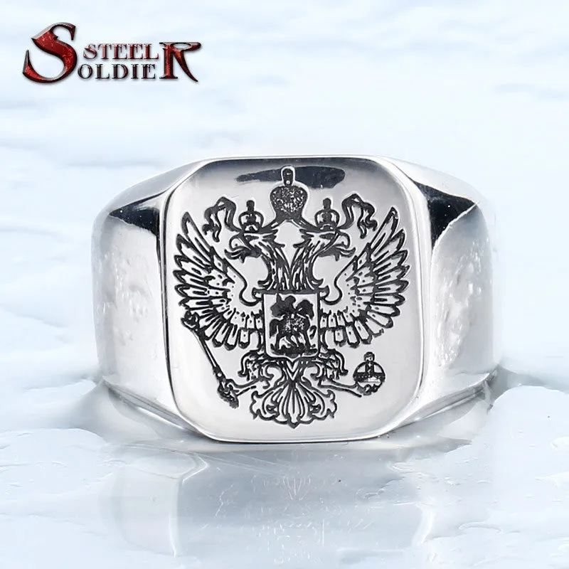 Double eagle russian stainless steel ring for men fashion high quality coat of arms of the Signet biker Ring