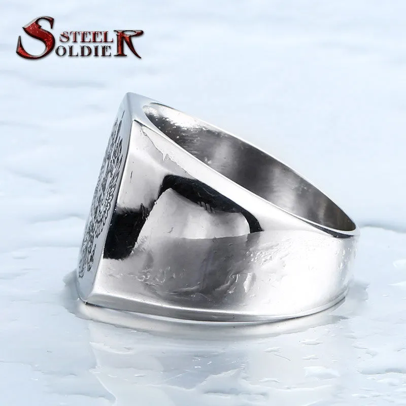 Double eagle russian stainless steel ring for men fashion high quality coat of arms of the Signet biker Ring