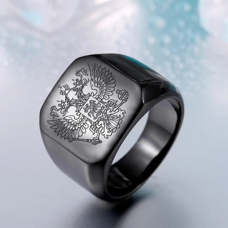 Double eagle russian stainless steel ring for men fashion high quality coat of arms of the Signet biker Ring