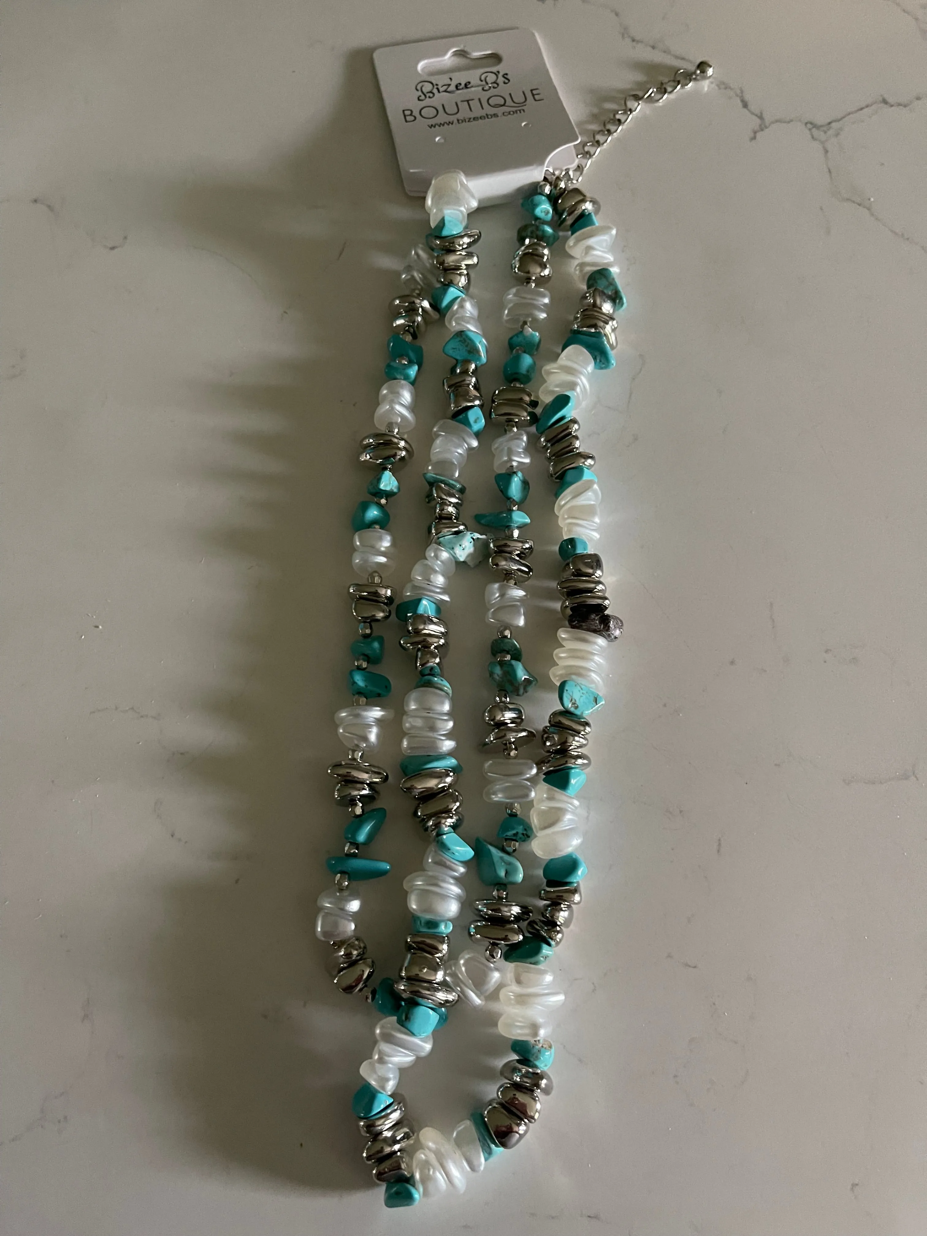 Double Layer Beads & Turquoise Stone Necklace