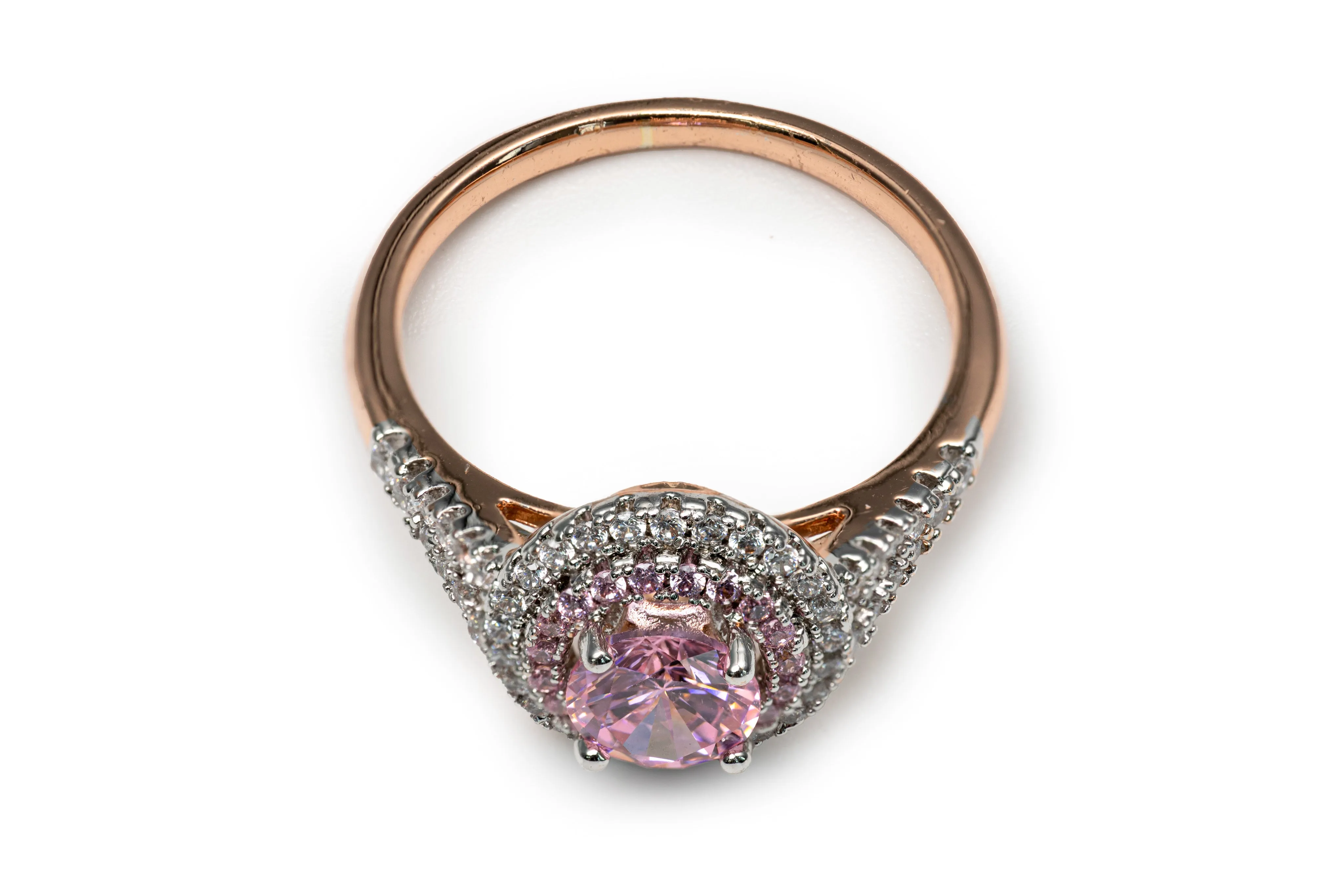 Double Soleste Halo Round Cut Pink Zircon Ring