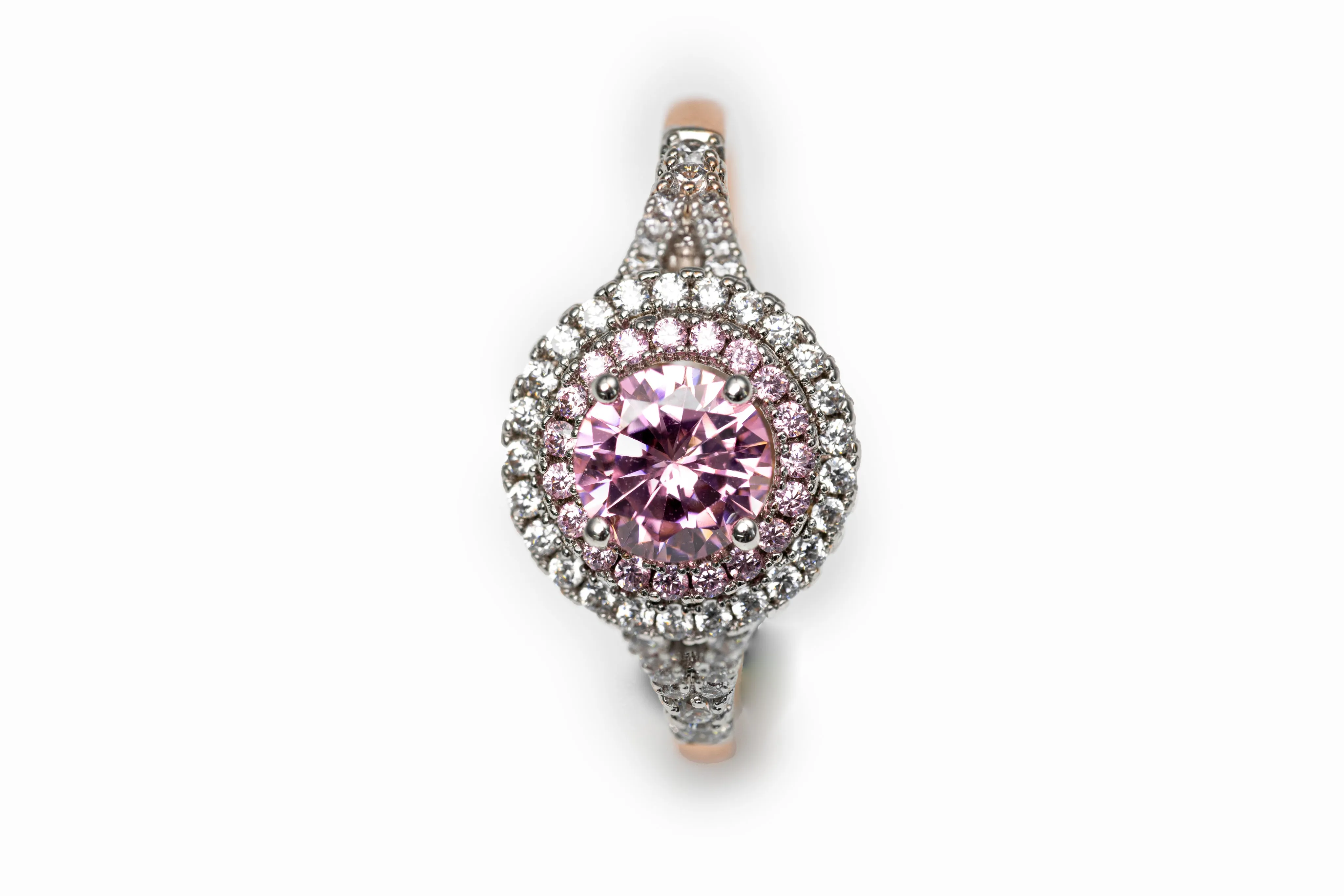 Double Soleste Halo Round Cut Pink Zircon Ring