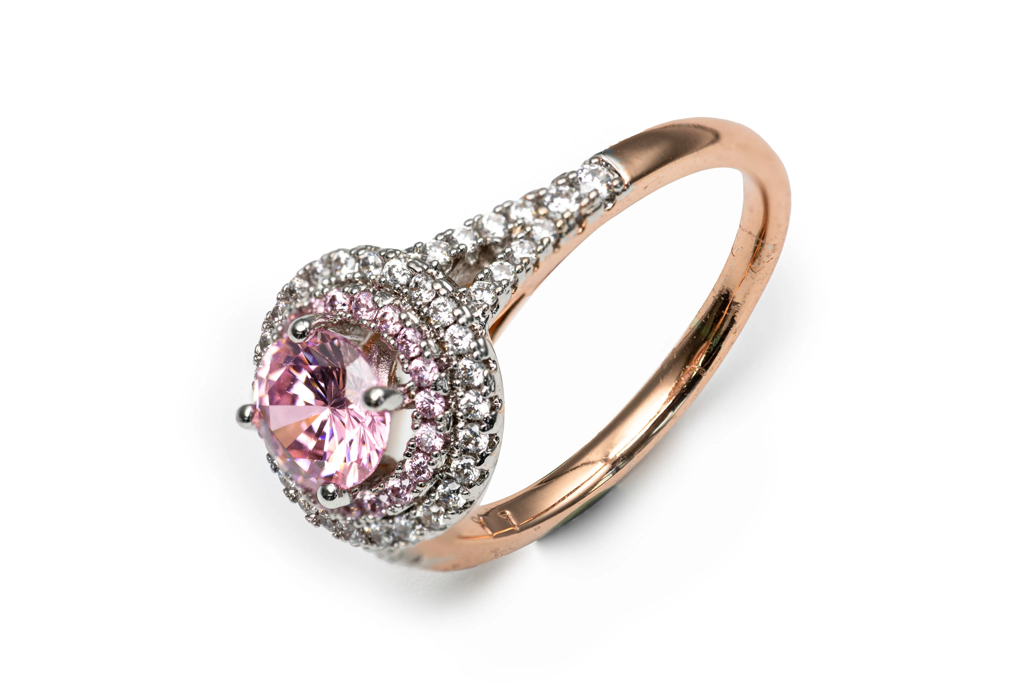 Double Soleste Halo Round Cut Pink Zircon Ring