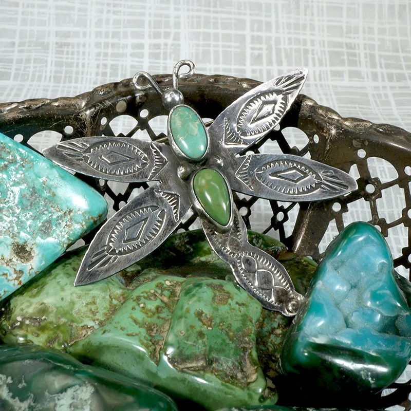 Dragonfly Brooch with Turquoise & Rocker Designs