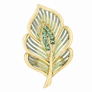 Edna 18k Gold Green Enamel Crystal Leaf Brooch