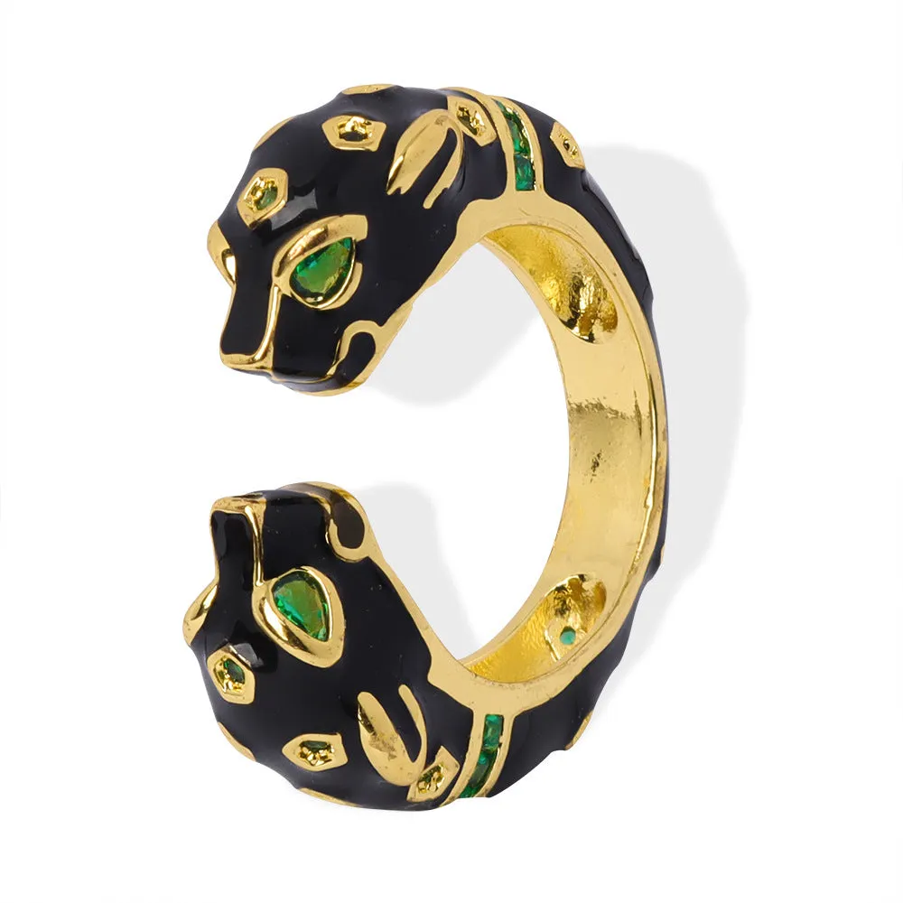 Enamel Glaze Black Panther Open Ring - Unique Copper Jewelry for Women