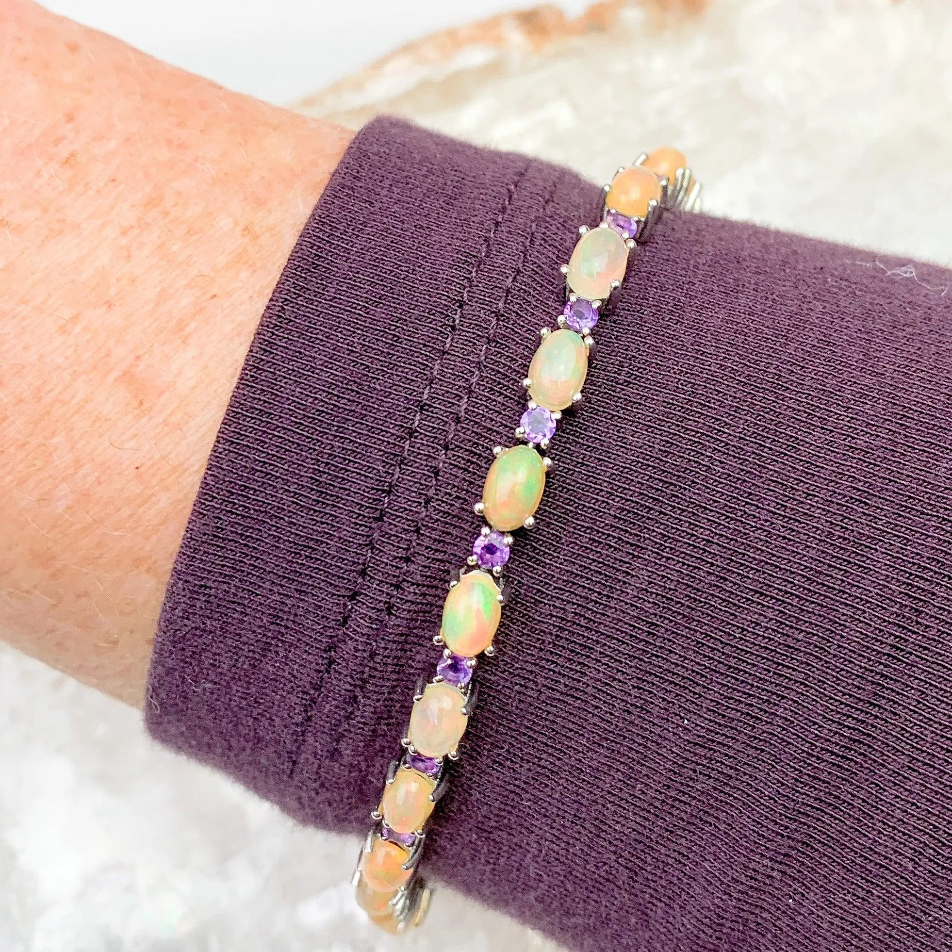 Ethiopian Opal & Amethyst Sterling Silver Bracelet