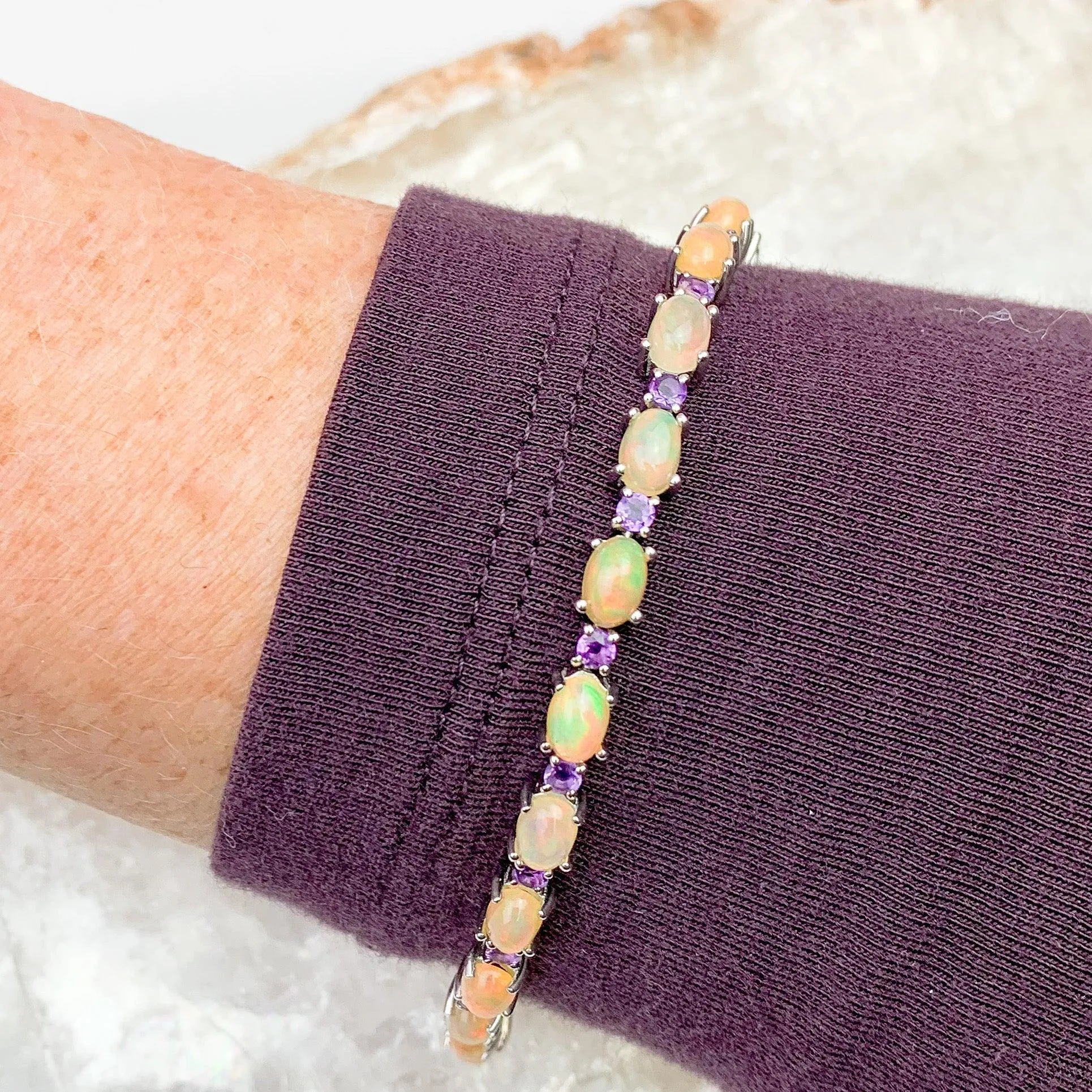 Ethiopian Opal & Amethyst Sterling Silver Bracelet