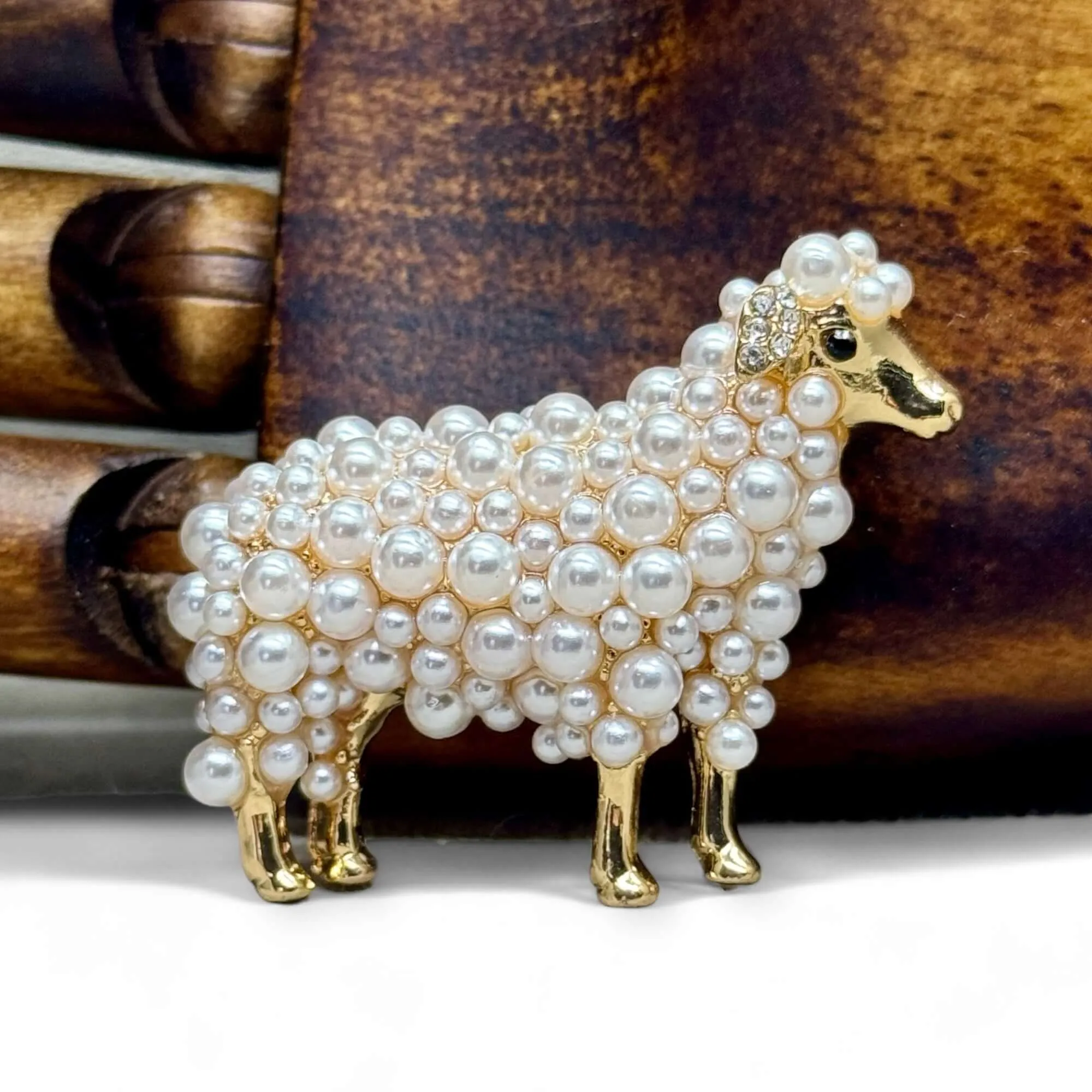 Faux Pearl Gold Tone Sheep Brooch