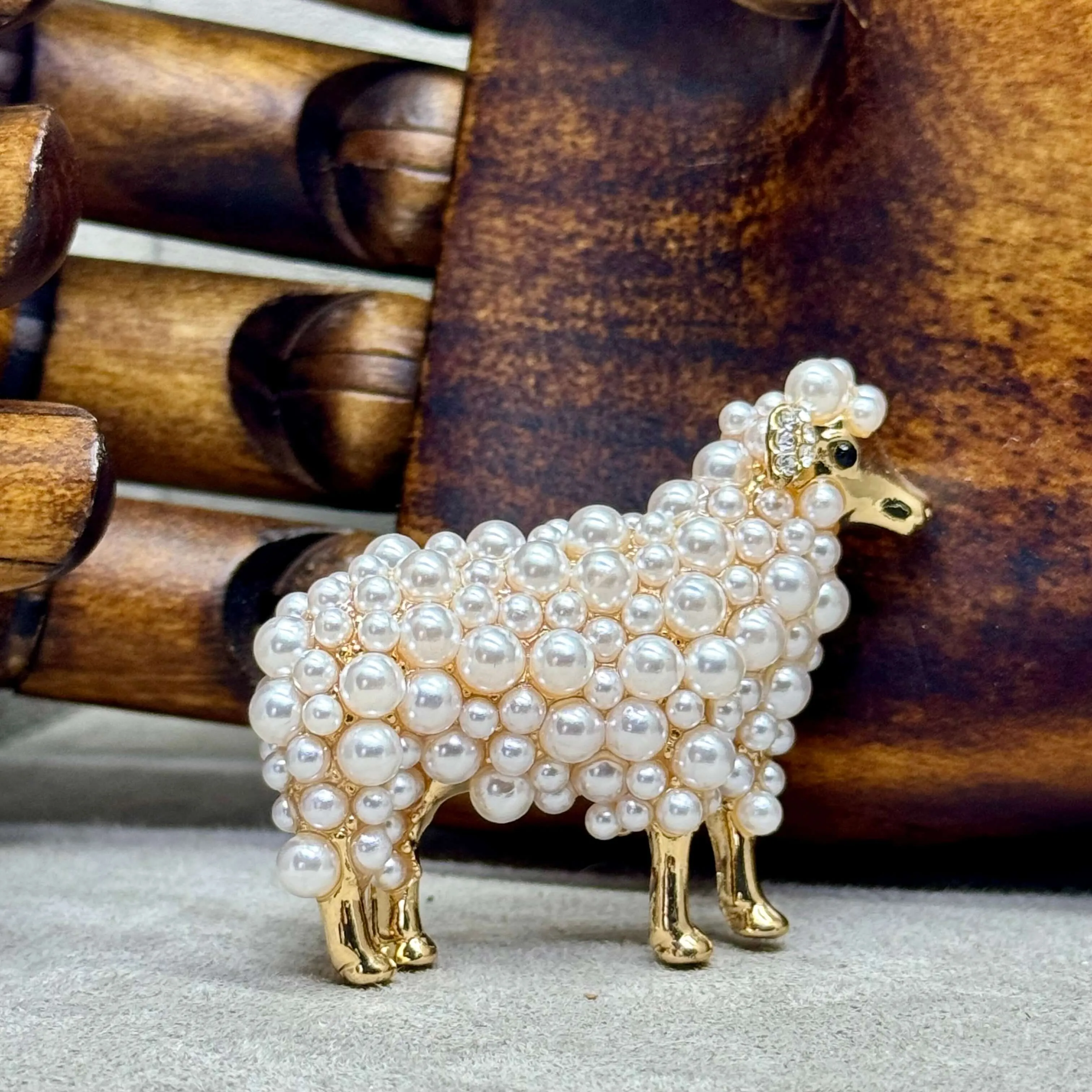 Faux Pearl Gold Tone Sheep Brooch