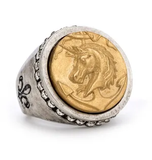 FRENCH KANDE SWAROVSKI SIGNET RING WITH 24K GOLD COLONIES MEDALLION