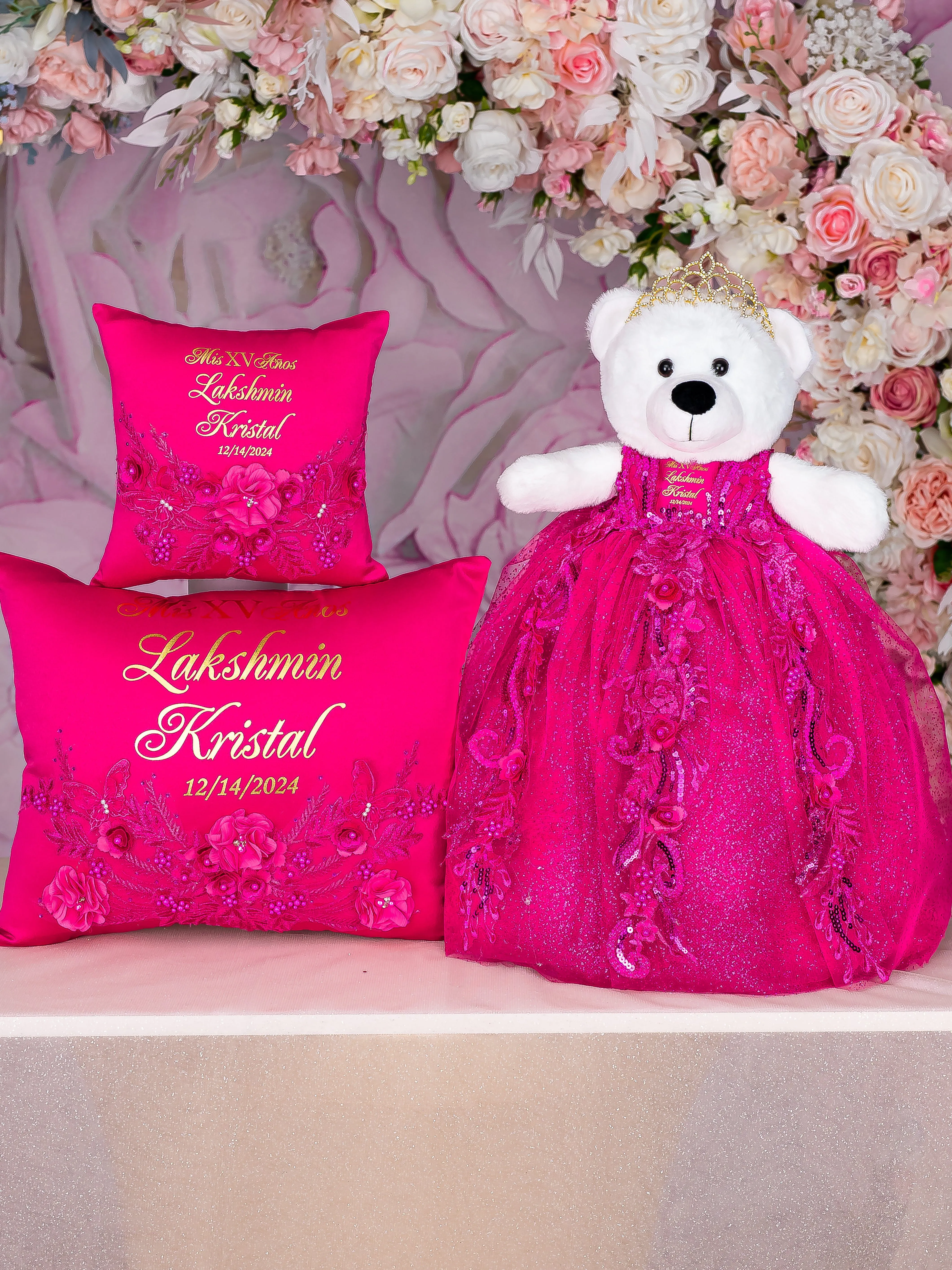 Fuchsia quinceanera crown and tiara pillow