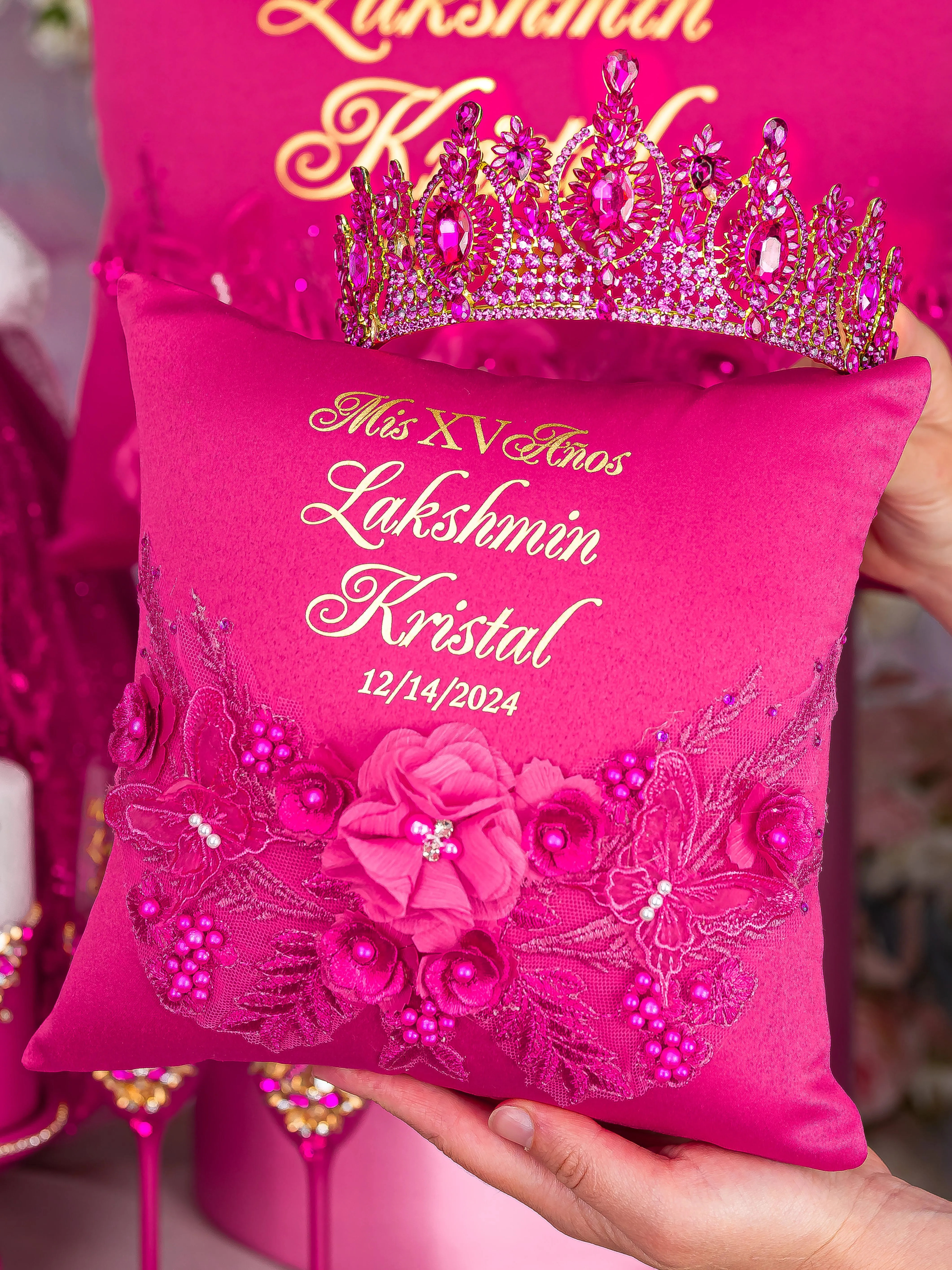 Fuchsia quinceanera crown and tiara pillow