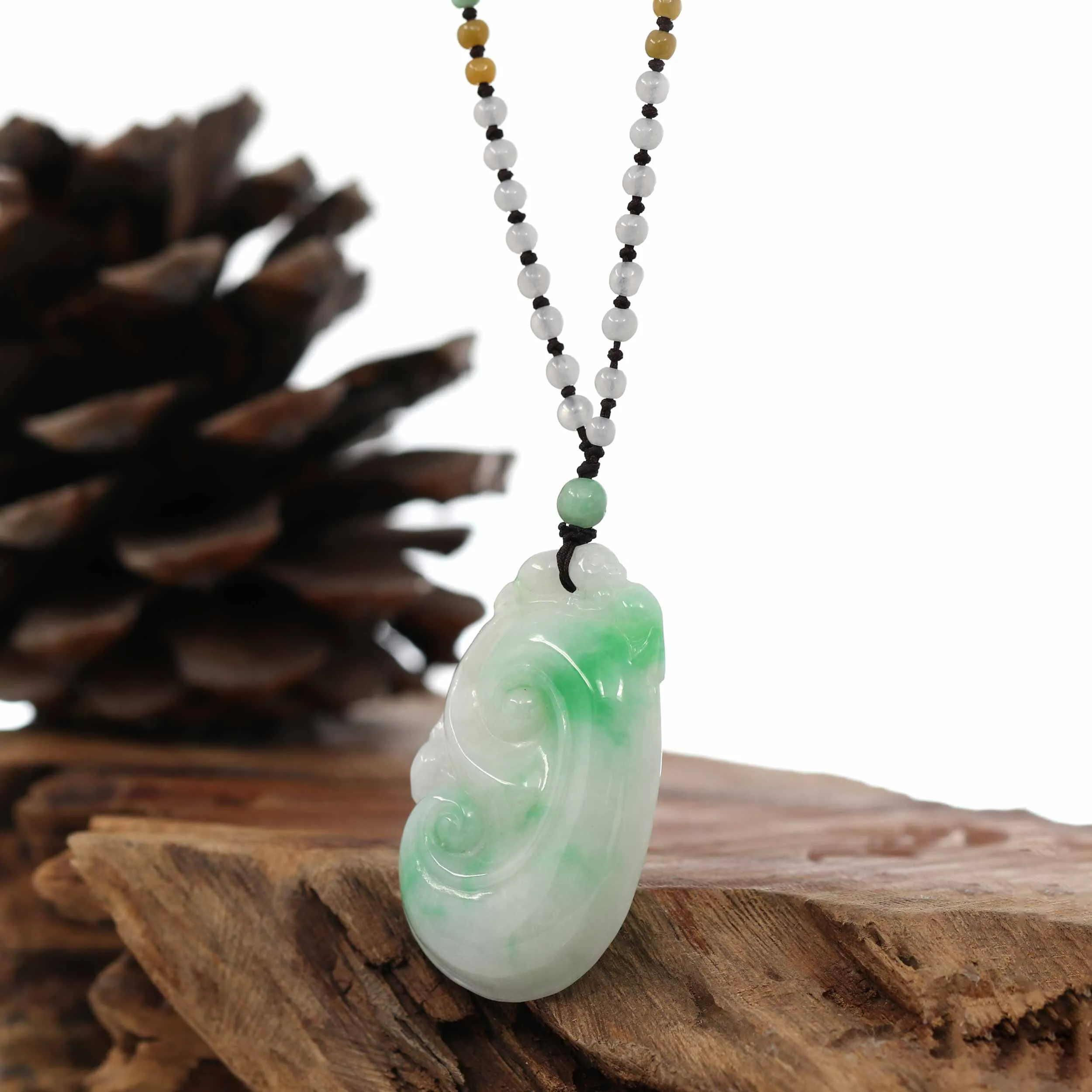 Genuine Green Jadeite Jade RuYi Pendant Necklace With Real Ice Jadeite jade Beads Necklace