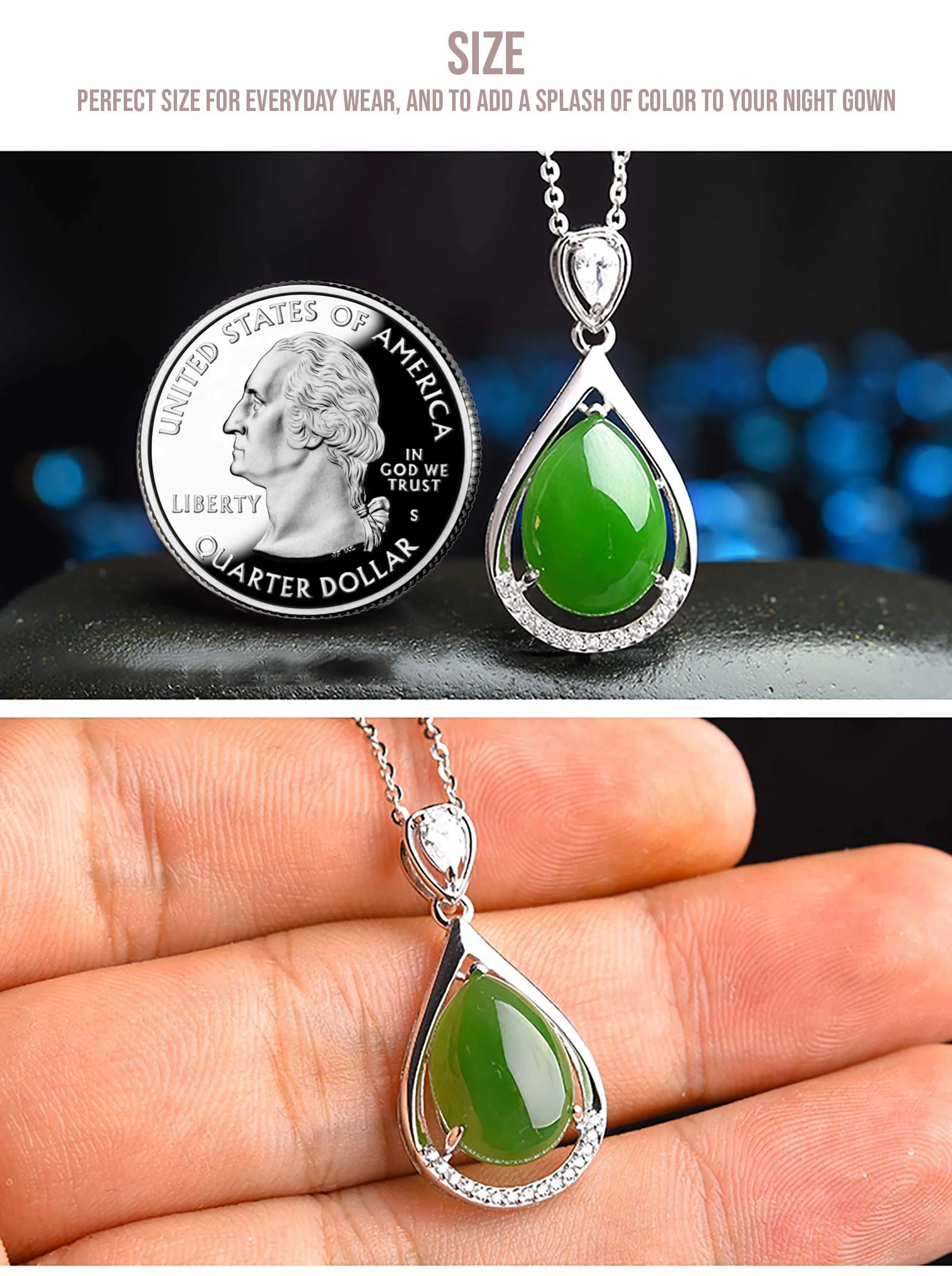 Genuine Green Nephrite Jade Tear Drop Pendant Necklace With CZ