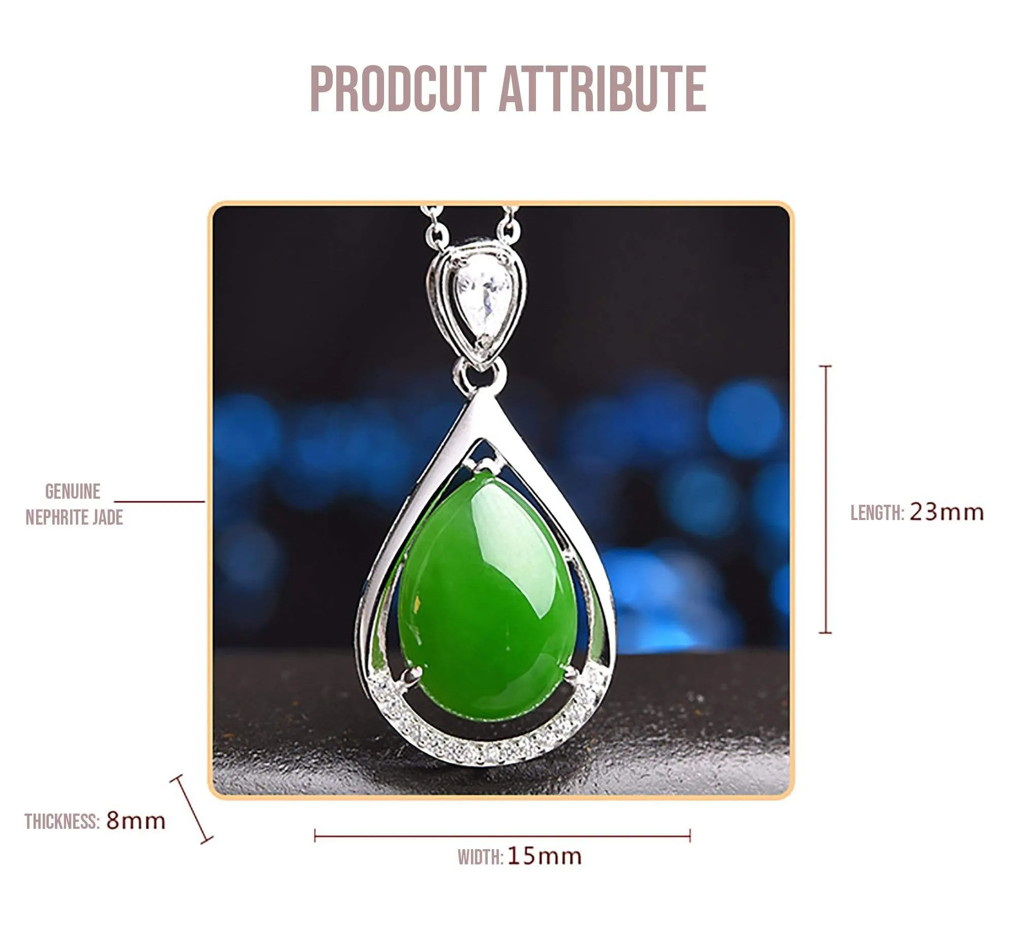 Genuine Green Nephrite Jade Tear Drop Pendant Necklace With CZ