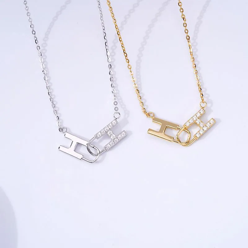 Geometric Double H Zircon Silver Necklace