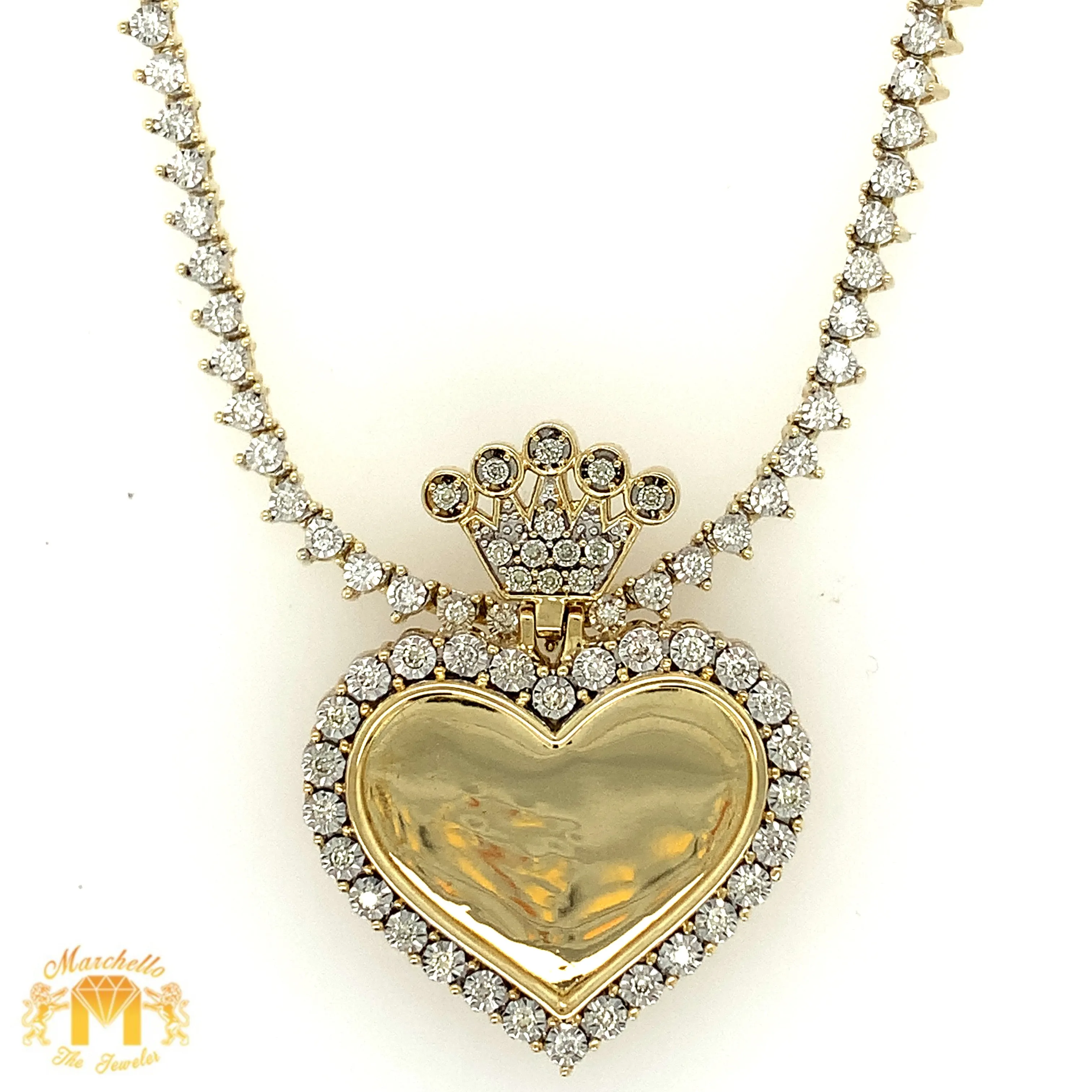 Gold and Diamond Heart Memory Picture Pendant and Tennis Chain Set (1 pointers, solid pendant, choose gold color)