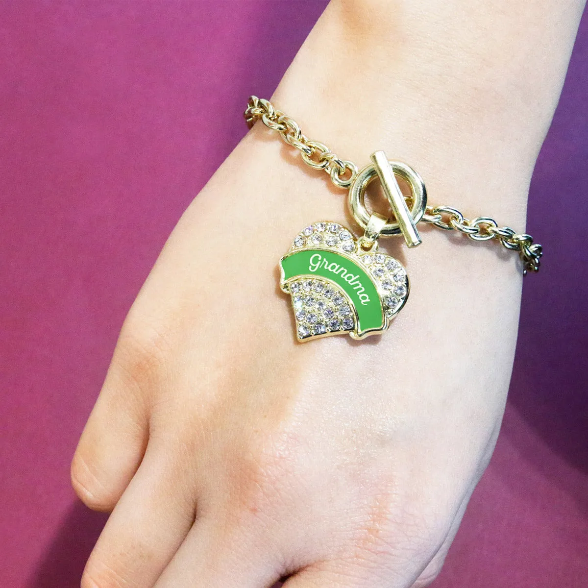 Gold Emerald Green Grandma Pave Heart Charm Toggle Bracelet