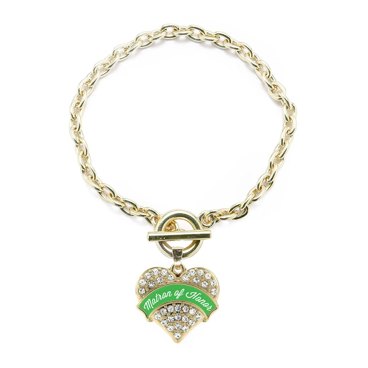 Gold Emerald Green Matron of Honor Pave Heart Charm Toggle Bracelet