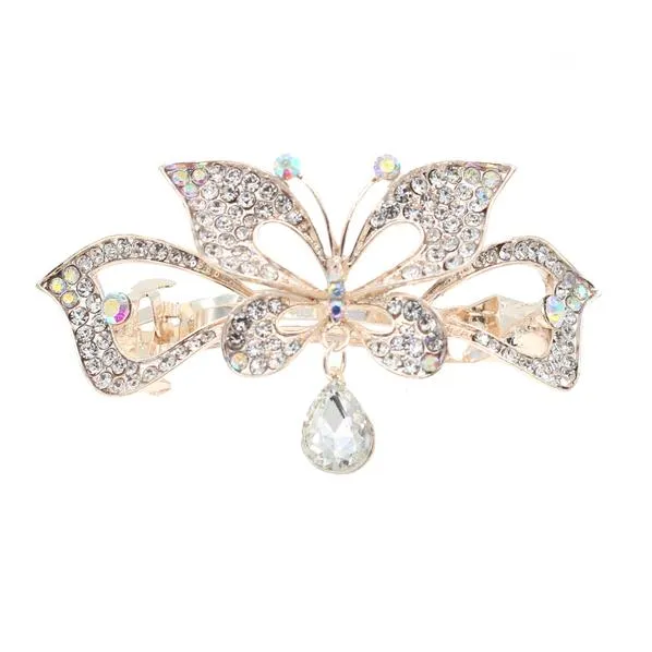 Gold Finish Butterfly Rhinestone Hair Barrette with Teardrop Clear