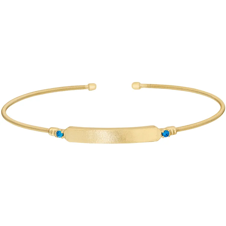 Gold Finish Sterling Silver Cable Cuff Bracelet with Name Plate and Simulated Blue Zircon Birth Gems - December