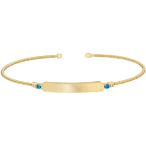 Gold Finish Sterling Silver Cable Cuff Bracelet with Name Plate and Simulated Blue Zircon Birth Gems - December