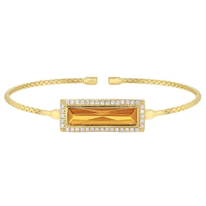 Gold Finish Sterling Silver Cable Cuff Bracelet with Rectangular Simulated Citrine Stone and Simulated Diamonds