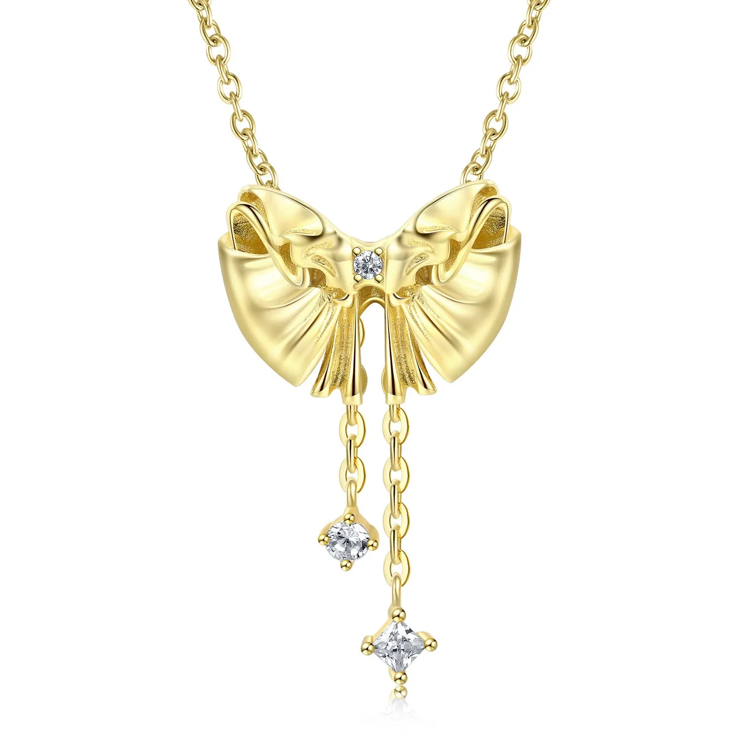 Golden Bow Pendant Tassels Zircon Silver Necklace