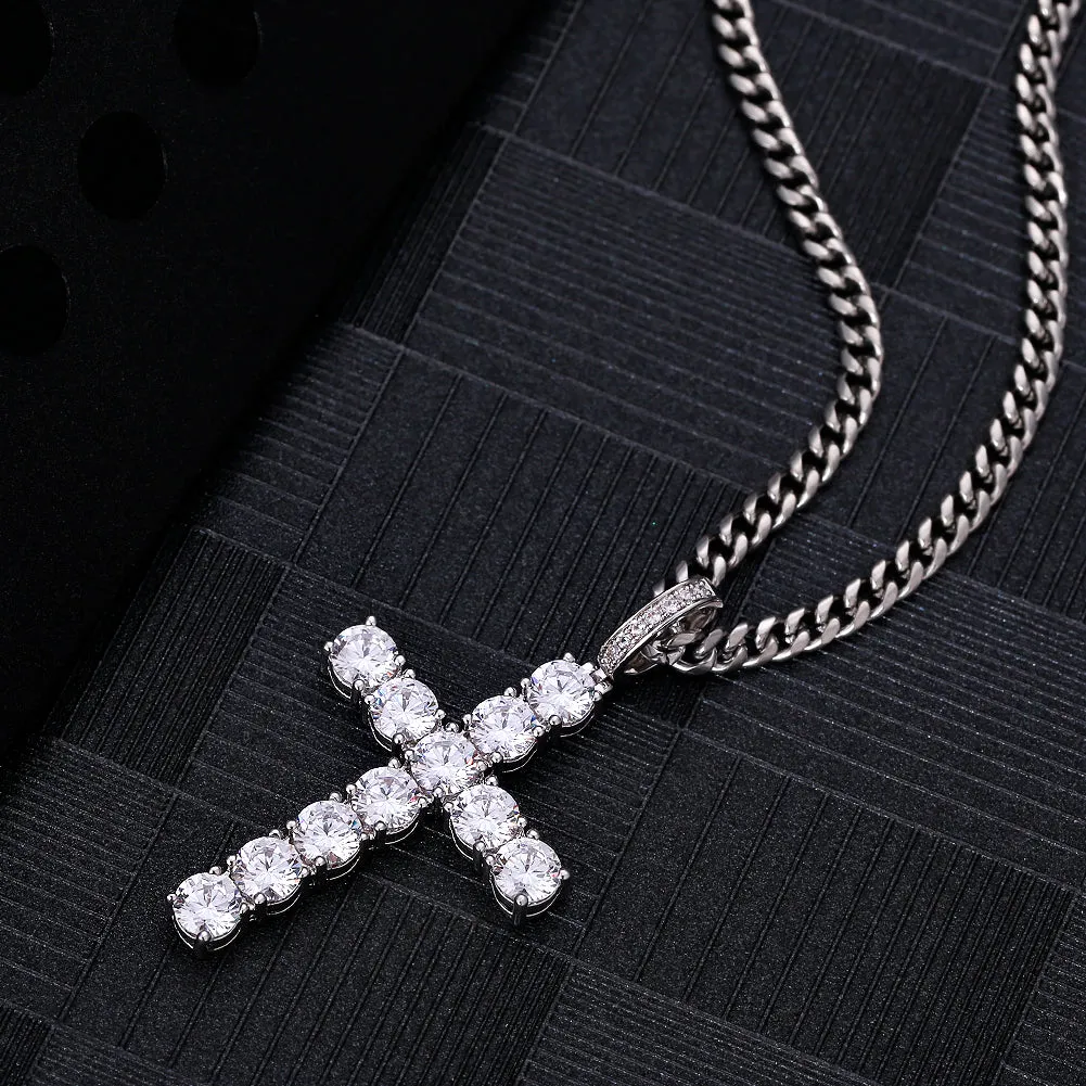 Iced Out Mens Cross Pendant Necklace in White Gold KRKC