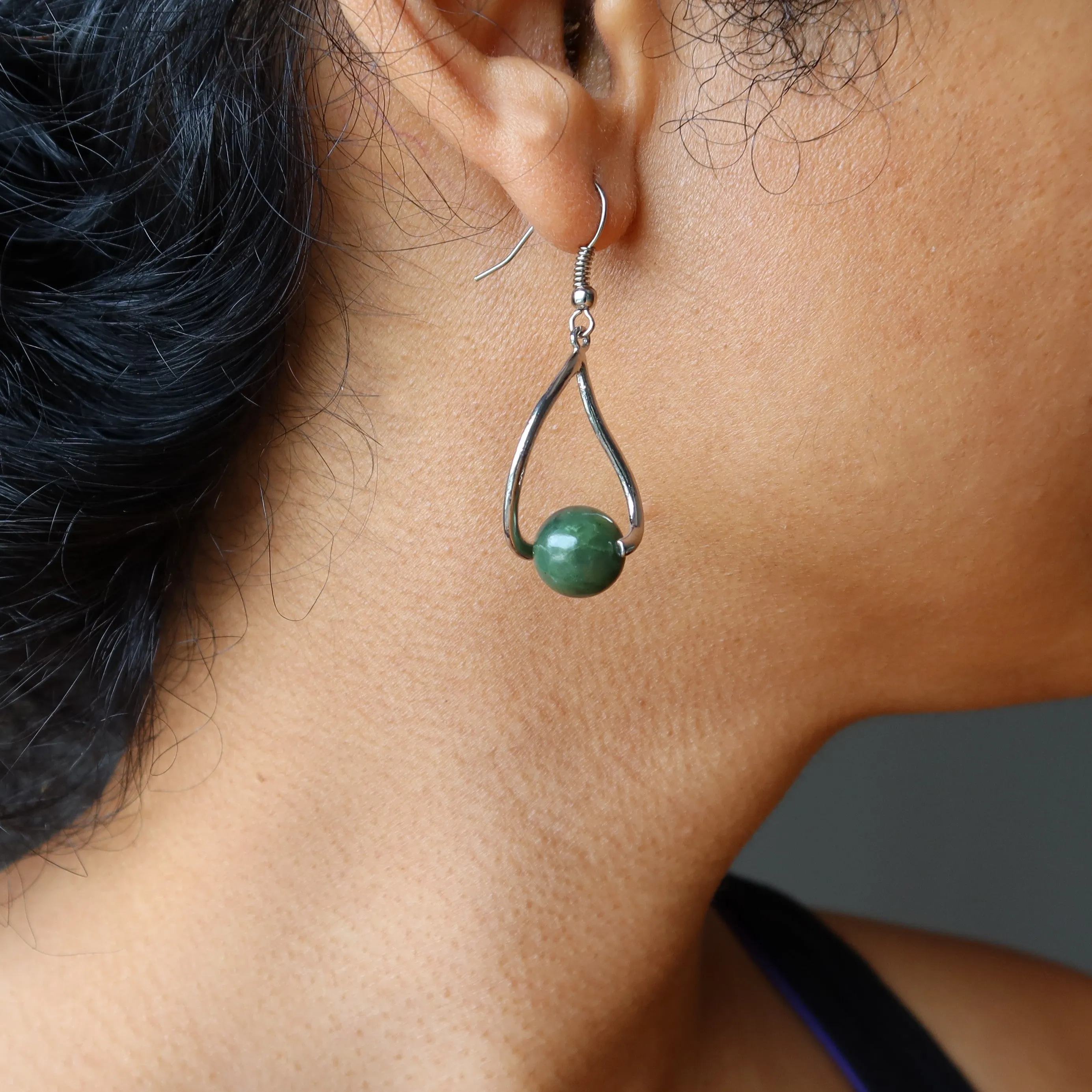 Jade Earrings Deep Prosperity Green Nephrite Gems on Silver