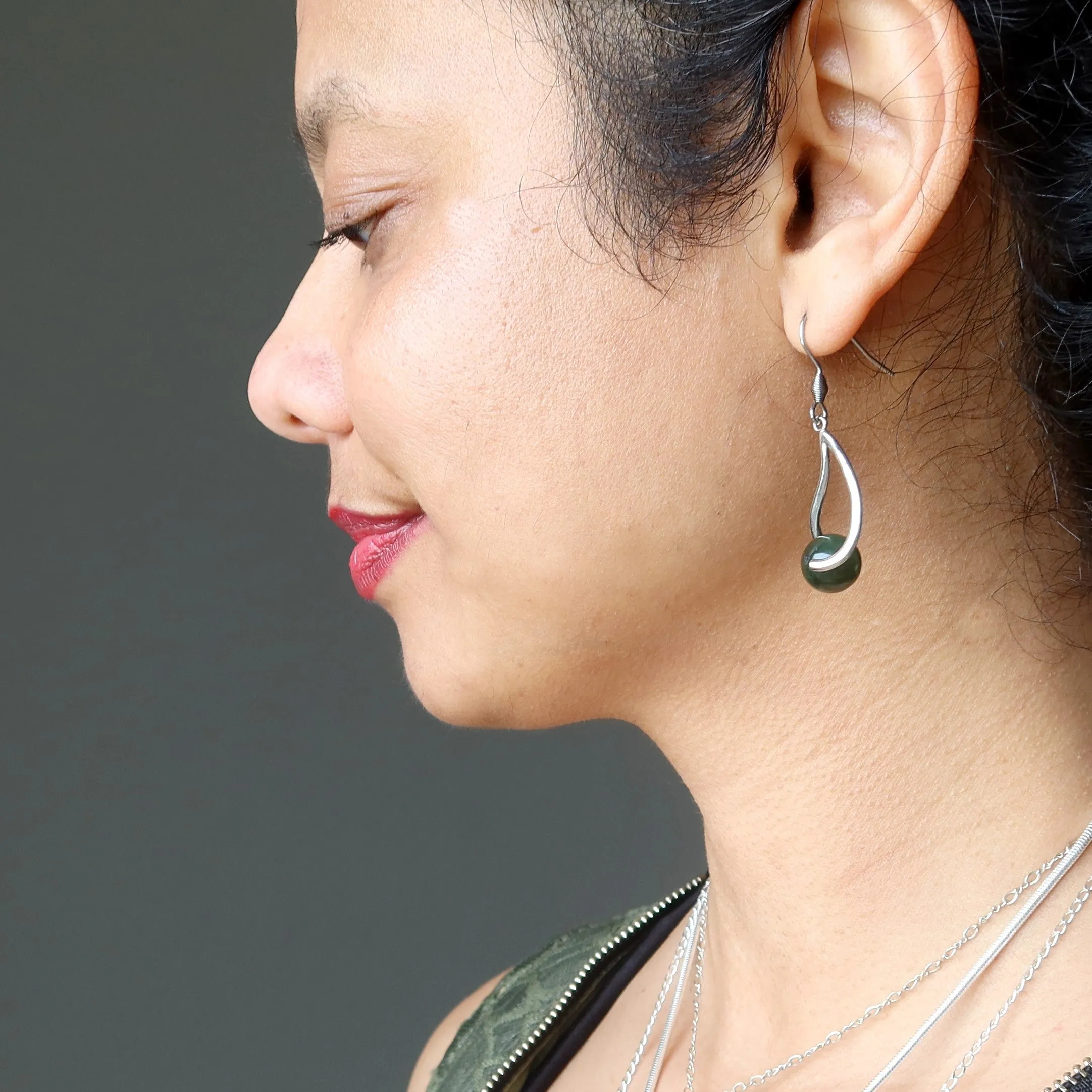 Jade Earrings Deep Prosperity Green Nephrite Gems on Silver