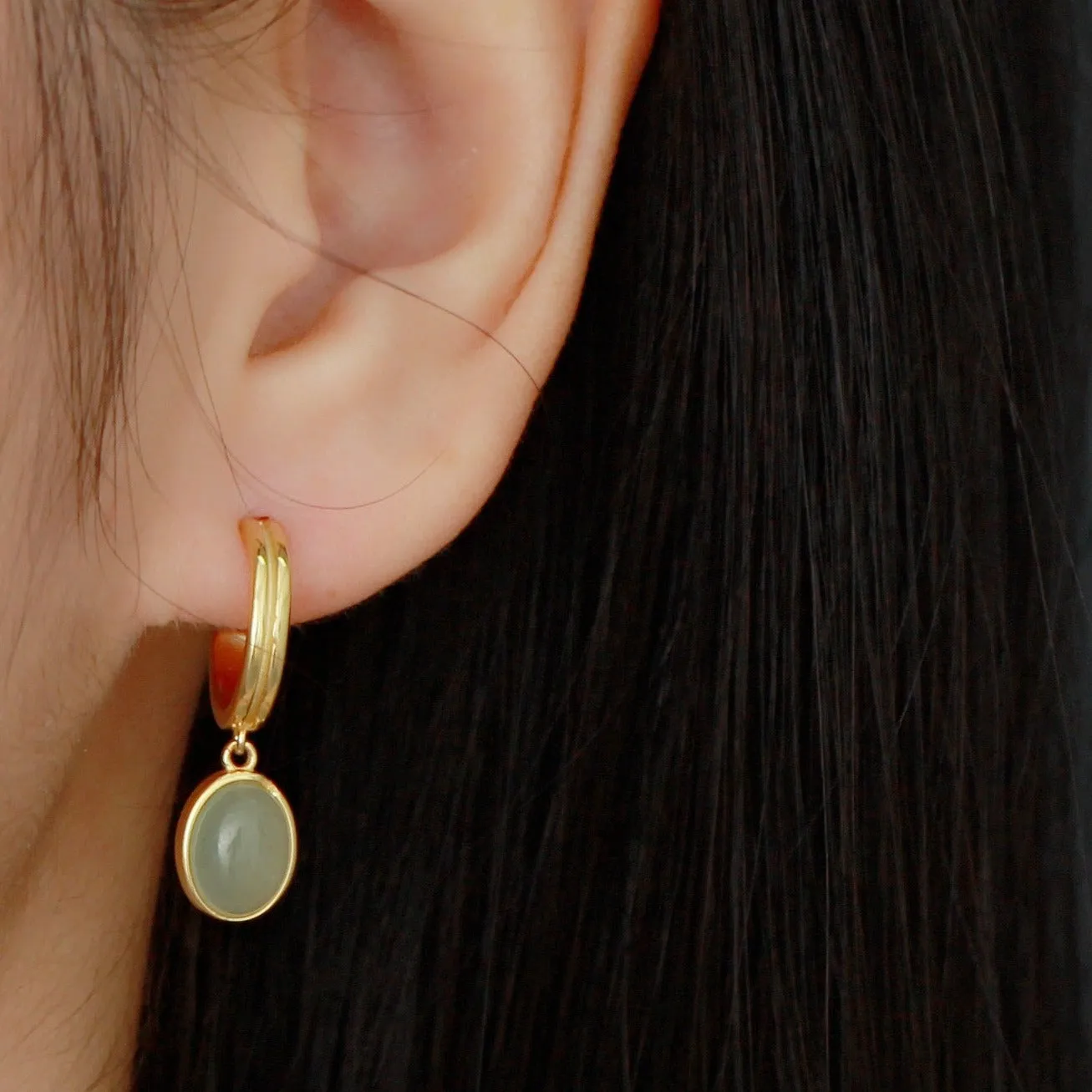 Jade Gemstone Drop Hoop Earrings