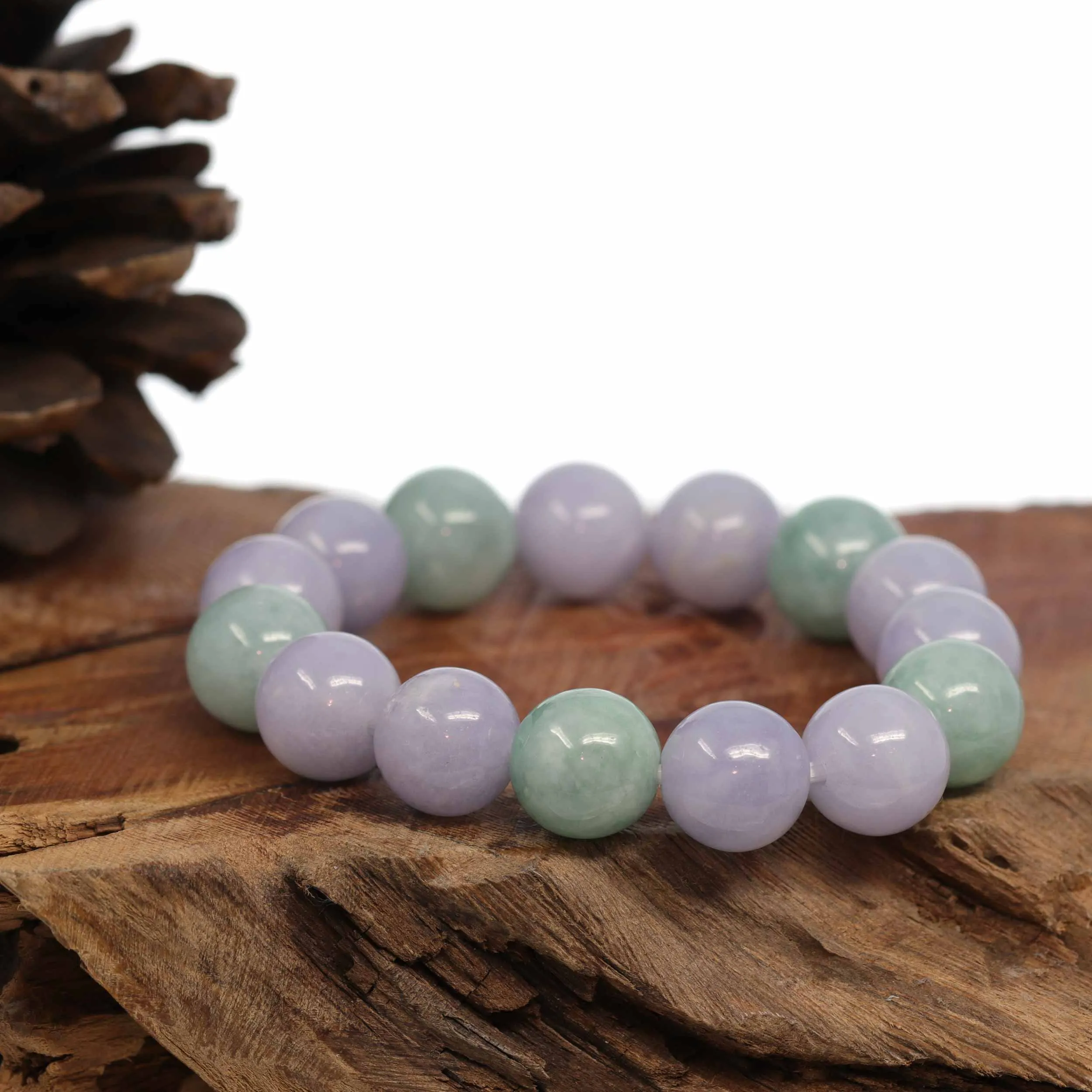 Jadeite Jade 13mm Round Green & Lavender Beads Bracelet ( 13 mm ) For Men