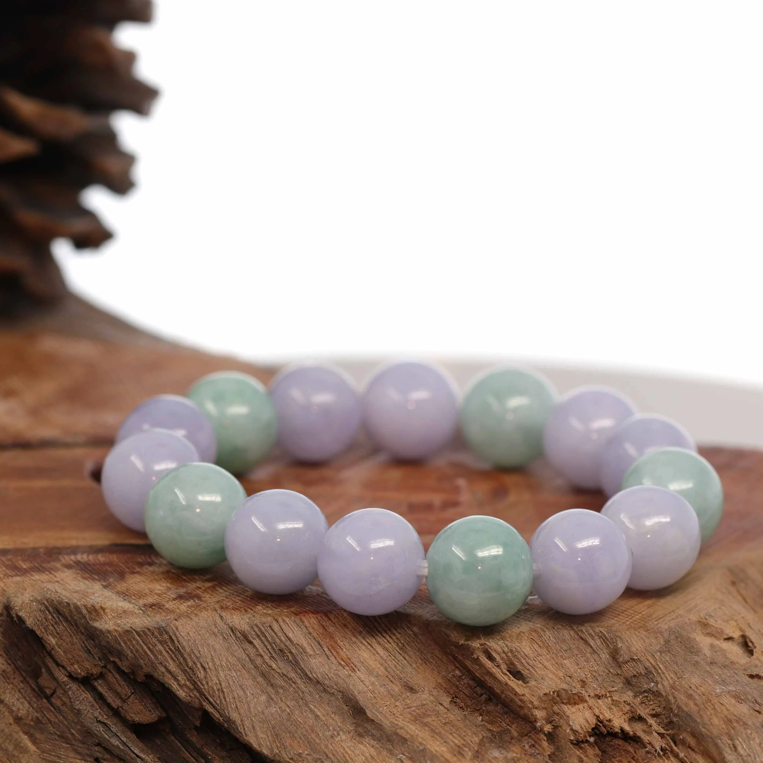 Jadeite Jade 13mm Round Green & Lavender Beads Bracelet ( 13 mm ) For Men