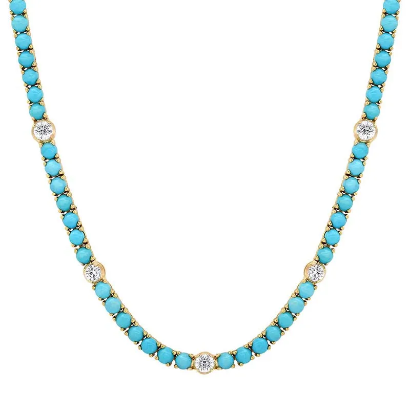 Large 4-Prong Turquoise Tennis Necklace with 5 Illusion Set Diamond Accents