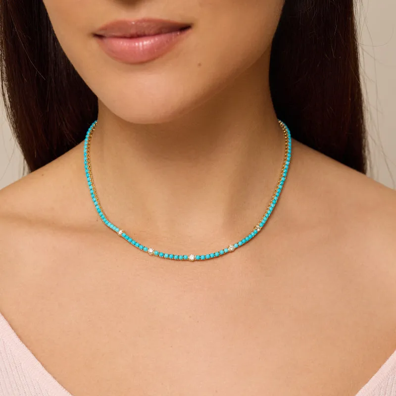 Large 4-Prong Turquoise Tennis Necklace with 5 Illusion Set Diamond Accents