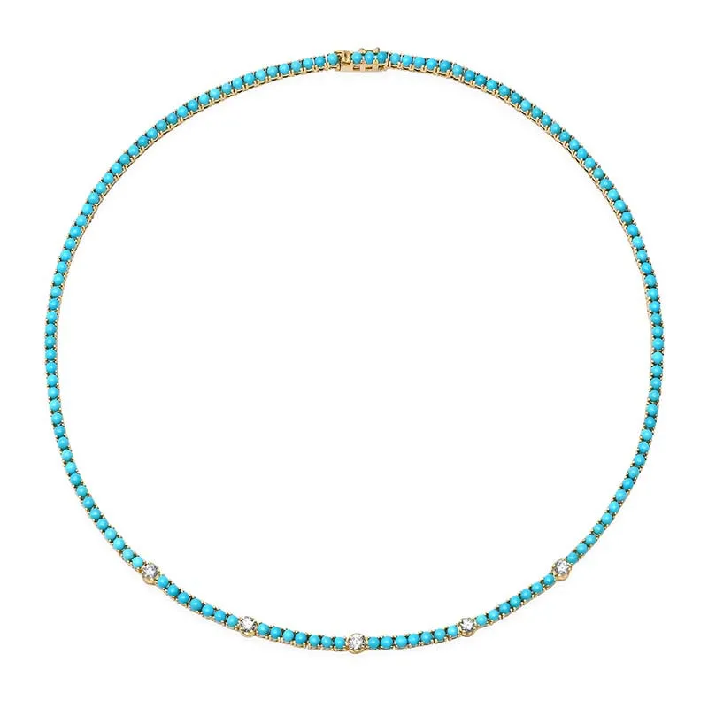 Large 4-Prong Turquoise Tennis Necklace with 5 Illusion Set Diamond Accents