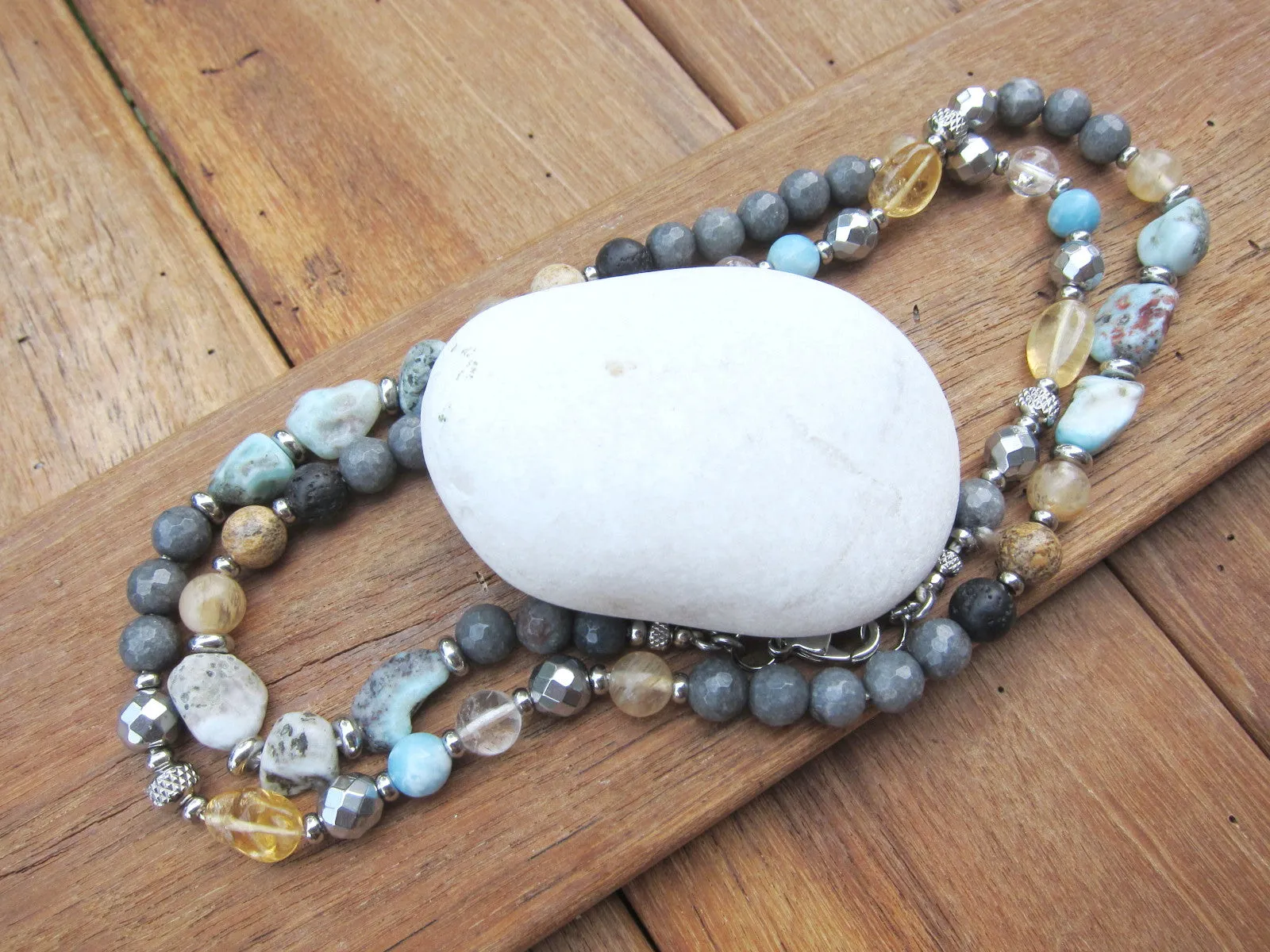 Larimar, Citrine Stainless Steel Clasp Necklace